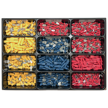 Conjunto de terminais de lâmina isolados vermelhos, azuis e amarelos