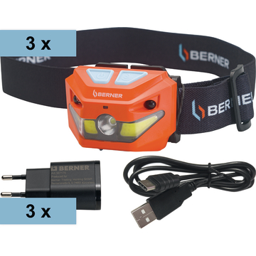 Stirnlampe Sensor USB-C 3er-Set+Ladezubehör, Ladestecker, Ladekabel, USB-Kabel