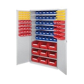 Schrank, m. Kästen, HxBxT 1950x1130x590mm, 123 Kästen PE, 8xStahlboden