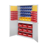 Schrank, m. Kästen, HxBxT 1950x1130x590mm, 114 Kästen PE, 6xStahlboden