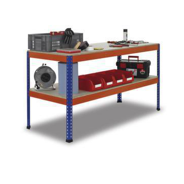 Werkbank,HxBxT 990x2450x621mm,Holzplatte,Tragl. 320kg,4-Fuß,blau/orange