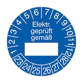 Prüfplakette,Elektr. geprüft gemäß,Aufkleber,Ø 25mm,Jahresfarbe 2023-blau