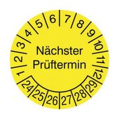 Prüfplakette,nächste Prüfung,Aufkleber,Ø 15mm,gelb,Prüfzeitraum 24-29