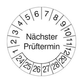 Prüfplakette, nächste Prüfung, Aufkleber, Ø 15mm, Prüfzeitraum 24-29