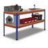 Werkbank,HxBxT 990x2450x773mm,Holzplatte,Tragl. 320kg,4-Fuß,blau/orange