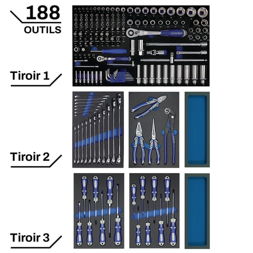 Jeu de 188 outils rangés en mousse pour servantes Pro et Révolution