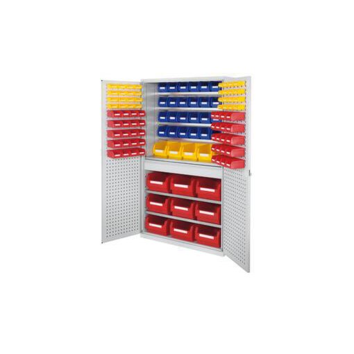 Schrank, m. Kästen, HxBxT 1950x1130x590mm, 114 Kästen PE, 6xStahlboden