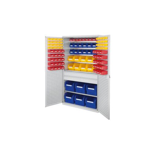 Schrank, m. Kästen, HxBxT 1950x1130x590mm, 112 Kästen PE, 5xStahlboden