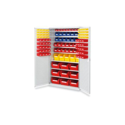 Schrank, m. Kästen, HxBxT 1950x1130x590mm, 124 Kästen PE, 8xStahlboden