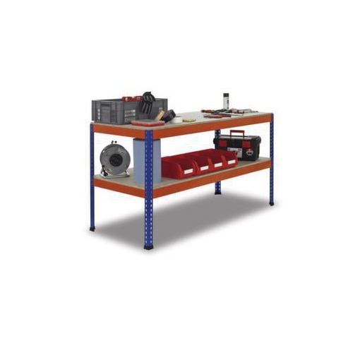 Werkbank,HxBxT 990x2450x621mm,Holzplatte,Tragl. 320kg,4-Fuß,blau/orange