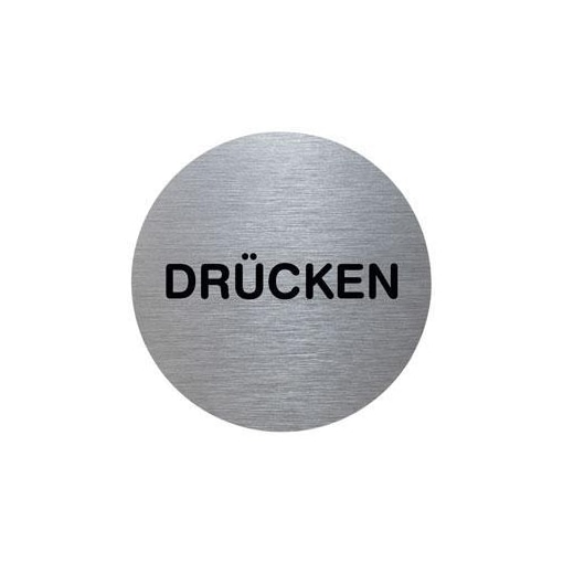 Türschild, Drücken, Alu, silber/schwarz, selbstklebend, Ø 70mm