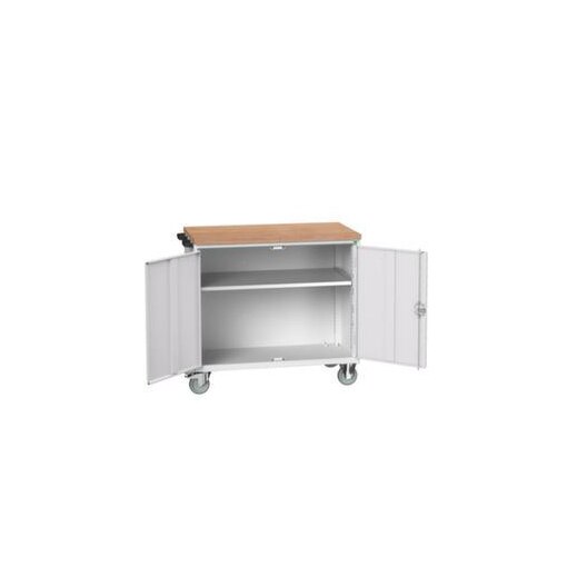 Werkbank, fahrbar, HxBxT 980x1050x600mm, Multiplexplatte, 1 Schrank