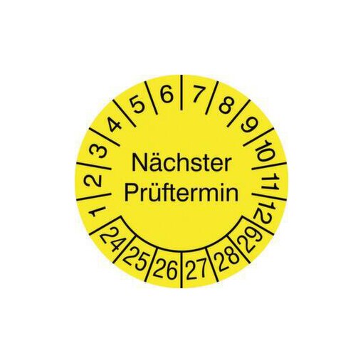 Prüfplakette,nächste Prüfung,Aufkleber,Ø 15mm,gelb,Prüfzeitraum 24-29