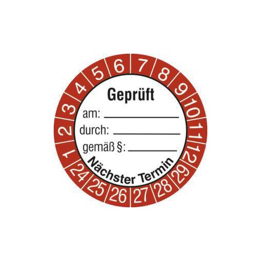 Prüfplakette,Geprüft am/durch/gemäß/nächste Prüfung,Prüfzeitraum 24-29