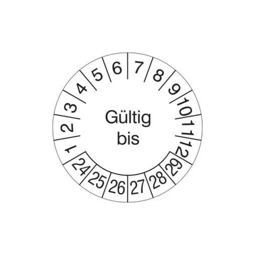 Prüfplakette,Gültig bis,Aufkleber,Ø 30mm,schwarz/weiß,Prüfzeitraum 24-29