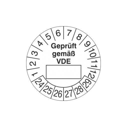 Prüfplakette, Geprüft gemäß VDE, Aufkleber, Ø 20mm, Prüfzeitraum 24-29