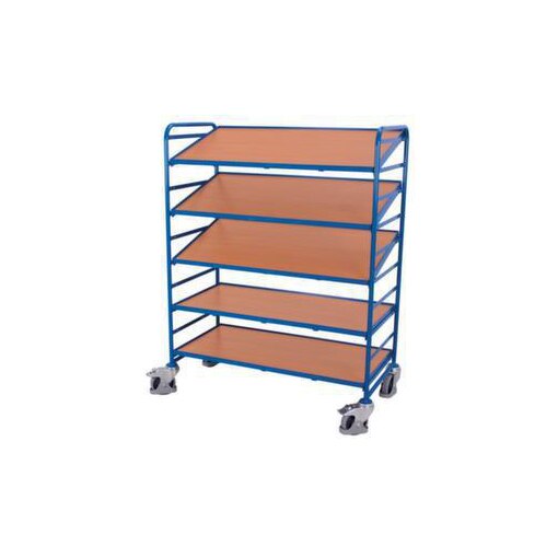 Etagenwagen,Tragl. 250kg,5 Etage(n),Holzplatte,neigbar,m. leer,Euronorm