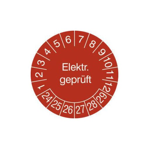 Prüfplakette,Elektr. geprüft gemäß,Aufkleber,Ø 30mm,Jahresfarbe 2024-rot