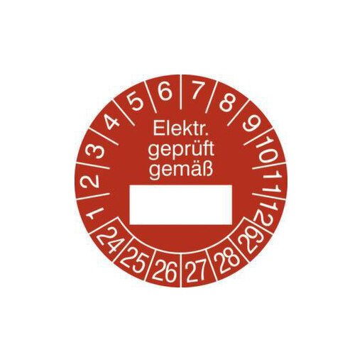 Prüfplakette,Elektr. geprüft gemäß,Aufkleber,Ø 25mm,Jahresfarbe 2024-rot