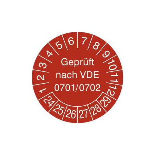 Prüfplakette, Geprüft gemäß VDE, Aufkleber, Ø 30mm, Jahresfarbe 2024-rot